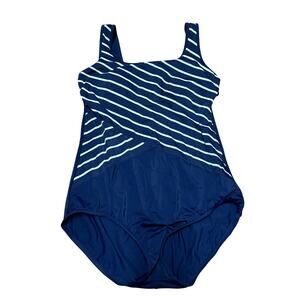 Lands End Womens Navy White Striped One Piece Swim Suit 10 Modest Built in Bra